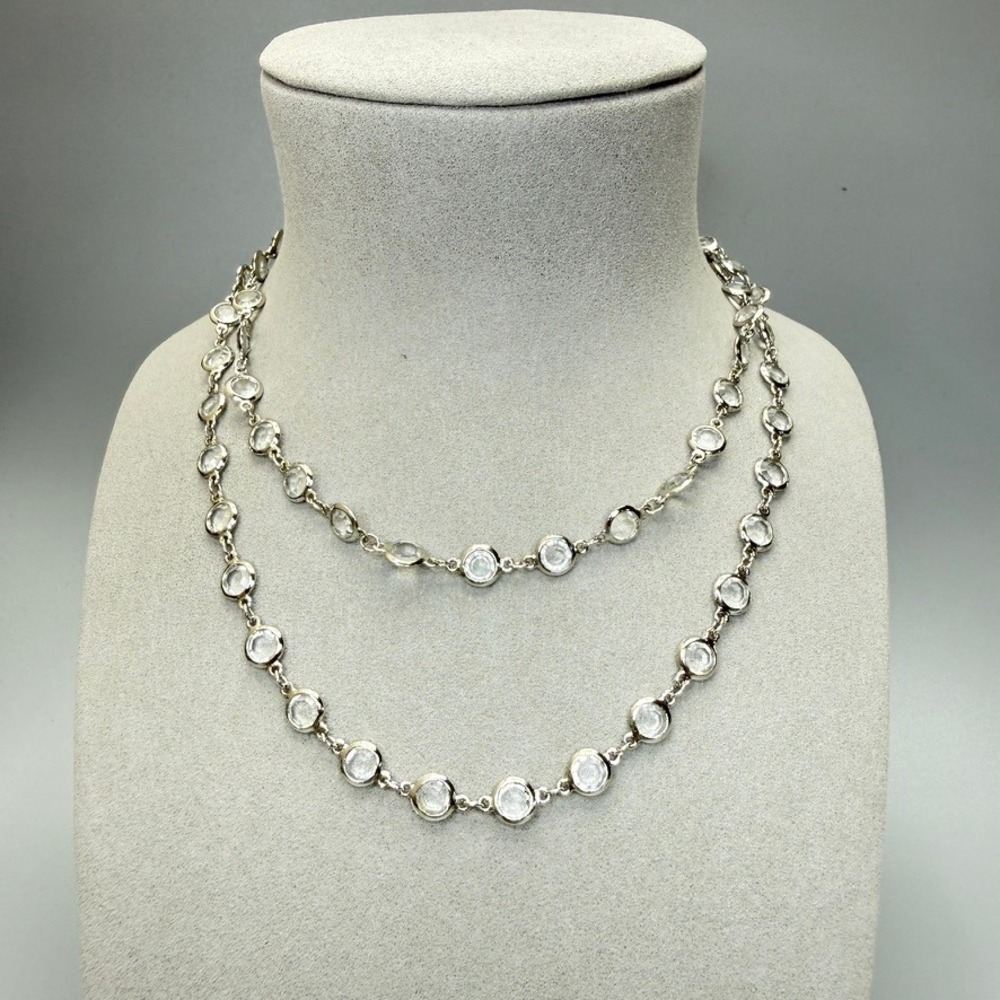 Vintage Cookie Lee Clear Glass Open Bezel Necklace Silver‎ Tone 34"